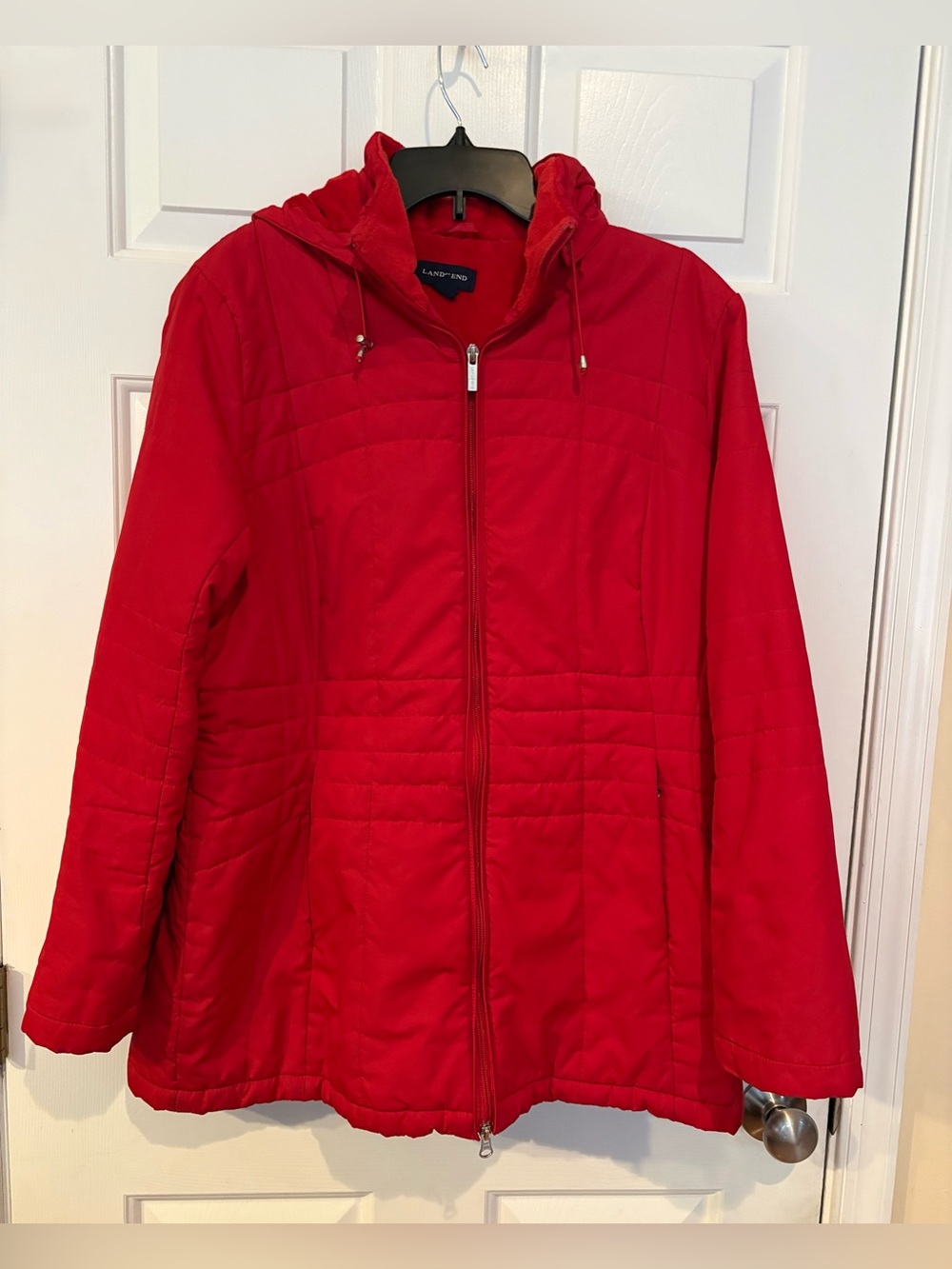 Lands End Puffer Jacket Women Large Red Cozy Fleece Lined Coat Hooded